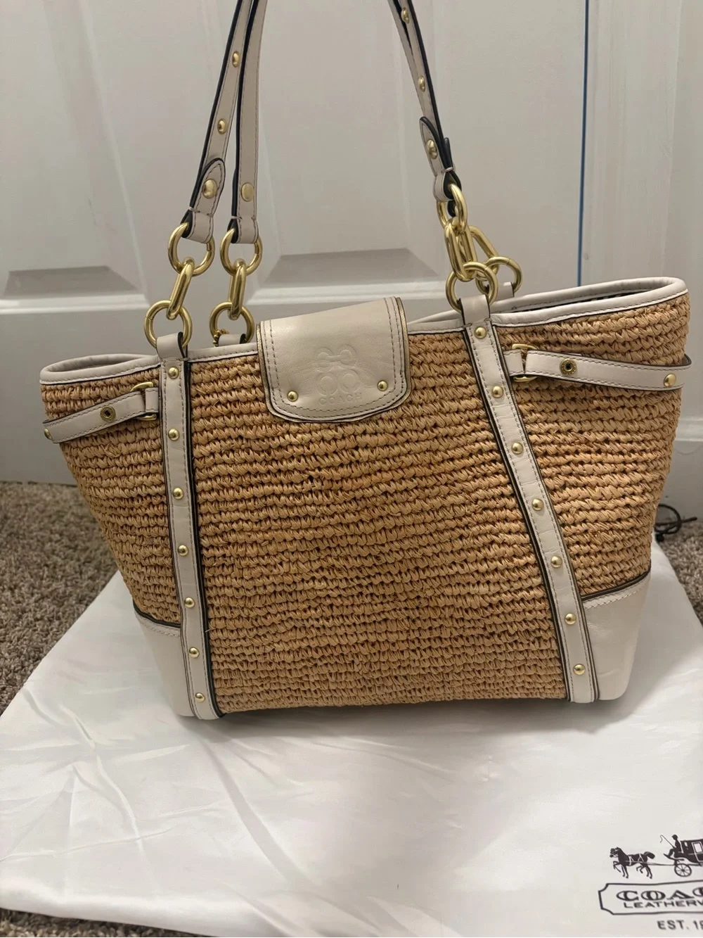 Coach Straw Tote with Floral Appliqués in Natural and White NWT